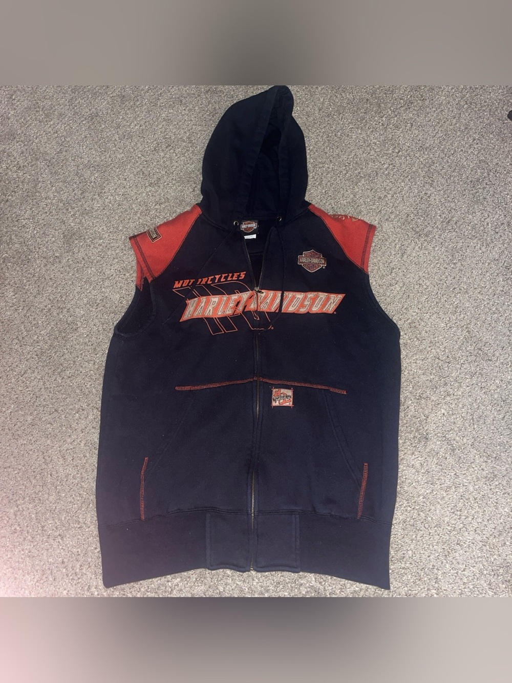 Harley Davidson Sleeveless Hooded Zip Jacket Vest Medium Black & Orange Cotton